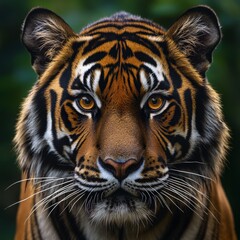 Fototapeta premium A breathtaking closeup of a Bengal tiger its piercing amber eyes staring directly into the camera The intricate details of its vibrant orange 