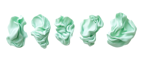 Five dabs of mint green cosmetic cream or face mask swatches are arranged in a row isolated on transparent background.