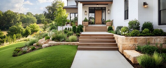 Modern farmhouse exterior landscaping with wooden steps and stone retaining walls