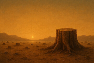 Deforestation Landscape at Sunset With Autumn Leaves in a Golden Atmosphere