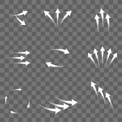 Set of white arrows showing air flow direction, isolated on transparent background.