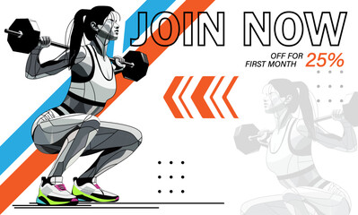 Advertising banner with 3D illustration of athletic woman doing squats with barbell against abstract lines background and text.