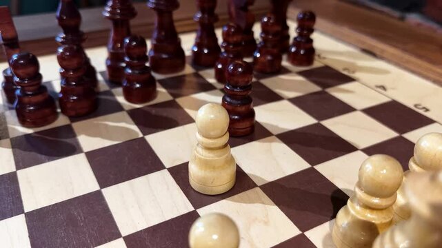 Chess game in progress with wooden pieces highlighted on a classic board