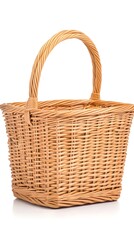 A light brown rectangular wicker basket with a single handle