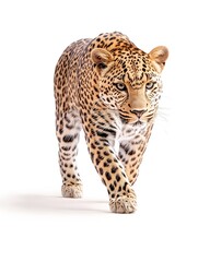 A majestic leopard strides forward, its spotted coat and intense gaze captivating against a stark white background