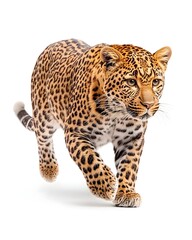 Fototapeta premium A majestic leopard strides forward, its spotted coat and powerful build evident against a stark white backdrop