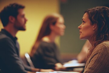 Engaged audience listens intently in a soft-lit room, capturing the essence of shared focus and curiosity.
