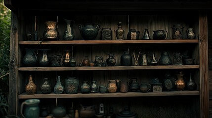 Obraz premium Wooden shelves filled with antique decorative pottery and jugs.