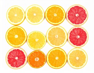 Obraz premium Variety of sliced citrus fruits on white background