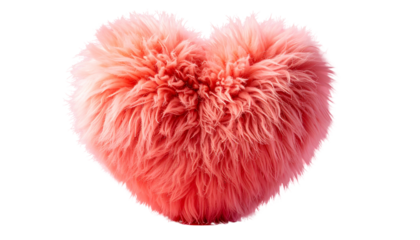 A fluffy heart-shaped object in vibrant coral pink, placed on a transparent background