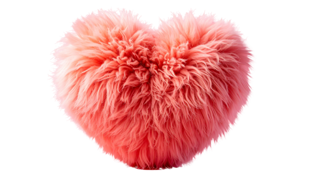 A fluffy heart-shaped object in vibrant coral pink, placed on a transparent background