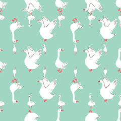 Whimsical Goose Garden Seamless Vector Pattern Collection in Pastel Tones