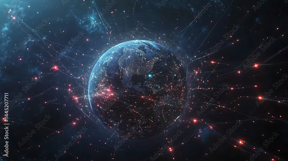 Poster planet earth in space , binary code technology , glowing sphere on black background