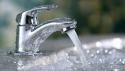 Close up of a chrome faucet with flowing water highlighting freshness and cleanliness