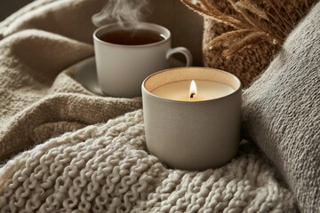 Handcrafted candle in vintage style ceramic holder on cozy blanket with tea cup