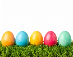 Fototapeta premium easter, eggs, grass, spring, colorful, decoration, holiday, festive, white, background, row, nature, pastel, celebration, design, bright, seasonal, green, ornament, cheerful, outdoors, traditional, pa