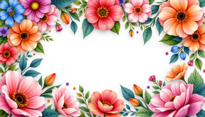 A colorful floral border with various vibrant flowers and leaves framing a blank white center.