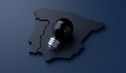 Spain and Portugal suffer a national blackout. Blacked-out lightbulb lying over a dark map of Spain and Portugal, symbolizing a power outage or energy crisis