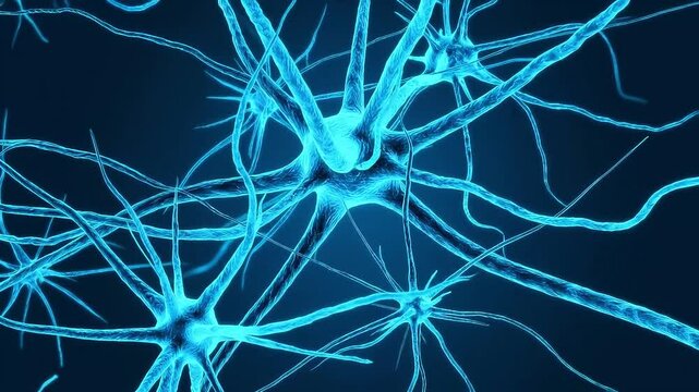 4K 3D visualization of a neuron cell network inside the brain, using a Tecno Blue color palette with glowing cyan-blue neurons
