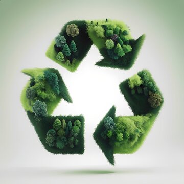 S&iacute;mbolo de reciclaje como logo o &iacute;cono, cubierto de pelaje &aacute;rboles y c&eacute;sped verde circulando, compost creciendo, sobre fondo blanco gris verdoso aislado, formato cuadrado, econom&iacute;a circular