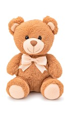 Adorable plush brown teddy bear with a peach bow, sitting against a white background
