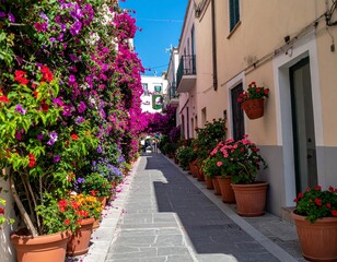 Naklejka premium Vibrant flower draped pathway in Capri, Italy 