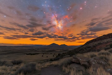 Obraz premium Majestic Milky Way Galaxy Over Dramatic Desert Landscape at Sunset