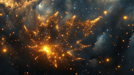 Fototapeta premium Celestial Leaf: Glowing leaf adorned with radiant stars, set against a mysterious cosmic backdrop.