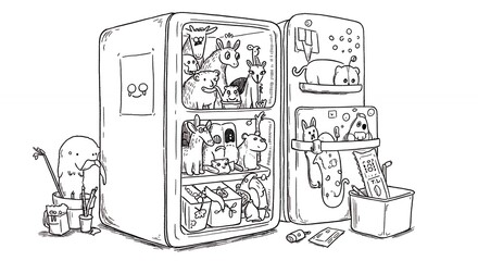 Refrigerator filled with animals and objects cartoon illustration