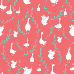 Whimsical Goose Garden Seamless Vector Pattern Collection in Pastel Tones