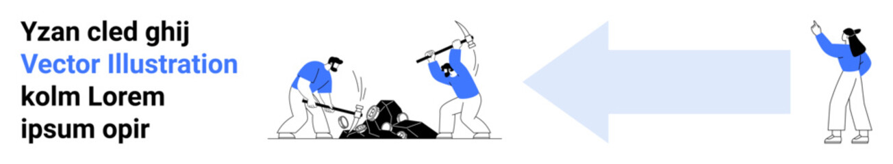 Group breaking ground with tools and arrow pointing to individual celebrating progress. Ideal for teamwork, collaboration, goal setting, success, leadership, strategy, simple landing page