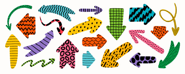 Arrow shape collection with brush stroke design. Abstract hand drawn arrows in colorful vector pattern, perfect for highlighting elements, playful decoration, modern icon sets, and creative graphics