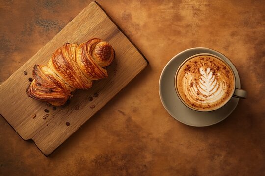 Italian breakfast scene with cornetto and cappuccino on wooden board