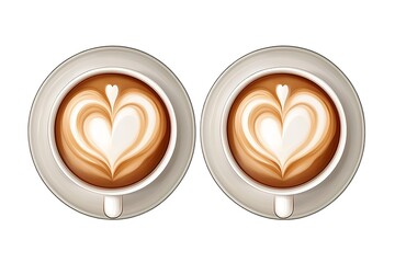 Two Cups of Latte Art Heart Design in Coffee, Creamy Texture, Isolated Background