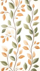 Elegant pattern of intertwining vines with green and orange leaves on a white background