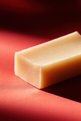 Handcrafted natural soap bar on colorful background, closeup view