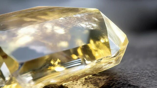 A single, rough, and uncut yellow diamond rests upon a textured surface, with internal reflections and translucent golden color visible.