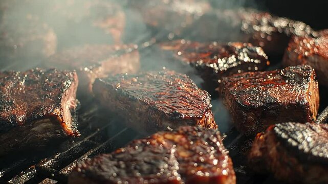 Close-up of sizzling steaks on a barbecue grill, smoky and juicy meat cooking process