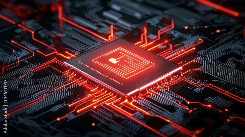 Poster close-up of a modern microchip illuminated with red circuitry and intricate patterns.