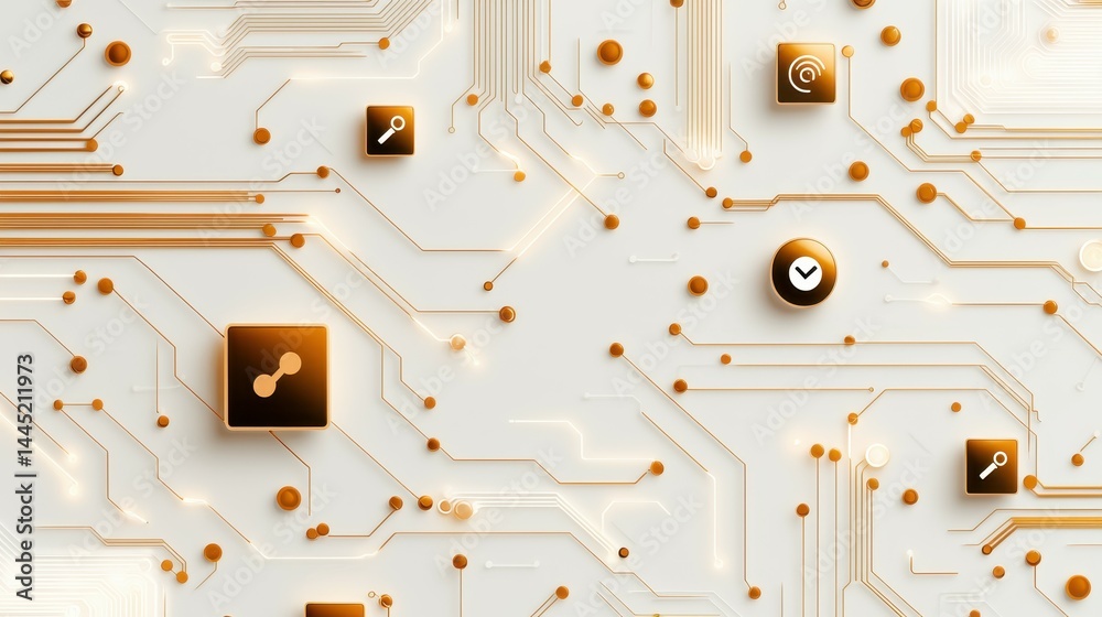 Poster abstract technology background with circuit patterns and golden icons.