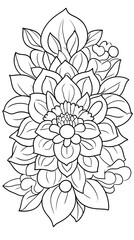 Intricate line drawing of a large flower, possibly a dahlia, with accompanying smaller flowers and leaves, creating a vertical floral arrangement