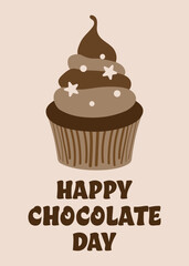 Happy Chocolate Day Cupcake Vector Illustration. Chocolate cupcake with a swirl of frosting and decorative stars