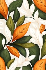 Lush autumnal foliage pattern with orange, green, and white leaves in a stylized design