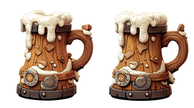 Wooden mugs overflowing with frothy beer.