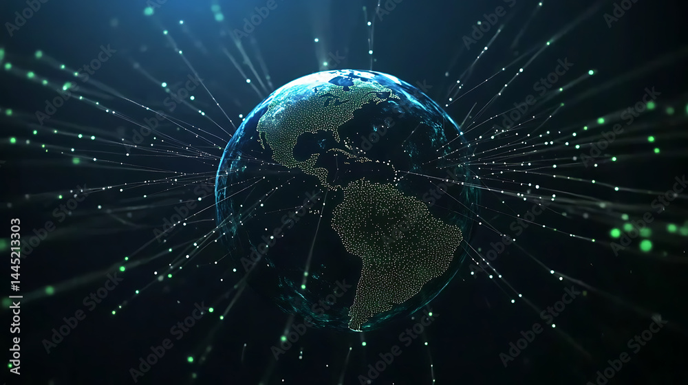 Poster planet earth in space , binary code technology , glowing sphere on black background