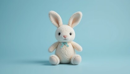 Stuffed Animal Rabbit Sitting on Blue Background