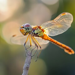A detailed macro shot of a Dragonfly perched on a twig its transparent wings revealing intricate vein structures The large compound eyes shimmer 