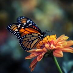 Obraz premium A detailed macro shot of a Monarch Butterfly resting on a vibrant flower its delicate orangeandblack patterned wings spread wide 
