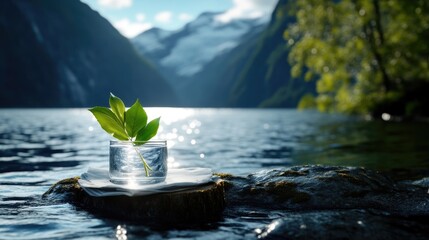 Tranquil Mountain Lake Scene with Glass of Water