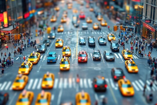 NYC street scene busy city traffic yellow cabs tilt shift effect miniature city urban life vibrant